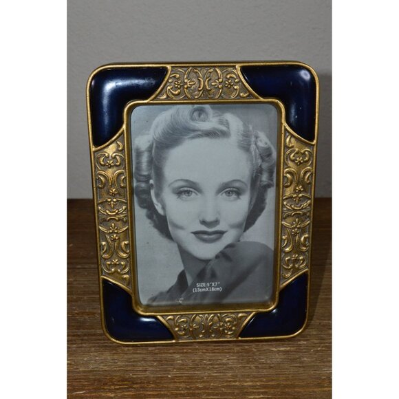 Vintage Ornate Made In Taiwan Picture Frame Navy Blue Gold Art Deco Hollywood - Picture 1 of 11